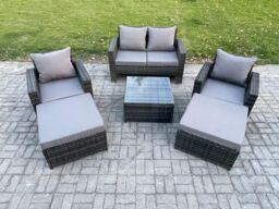 Fimous 6 Seater Rattan Outdoor Garden Furniture Sofa Set Table & Chairs with 2 Big Footstool Dark Grey Mixed - thumbnail 1