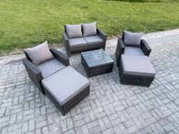 Fimous 6 Seater Rattan Outdoor Garden Furniture Sofa Set Table & Chairs with 2 Big Footstool Dark Grey Mixed - thumbnail 2