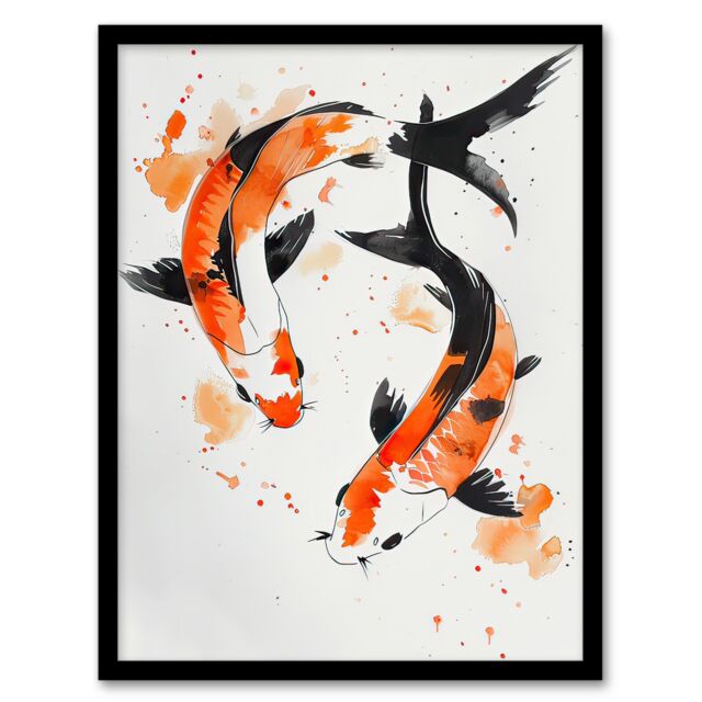 "Artery8 Two Japanese Koi Carp Fish Ink Splat Watercolour Framed Wall Art in Orange - Size: W12"" x H16""" - image 1