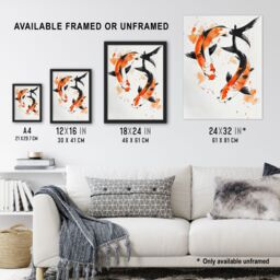 "Artery8 Two Japanese Koi Carp Fish Ink Splat Watercolour Framed Wall Art in Orange - Size: W12"" x H16""" - thumbnail 3