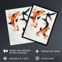 "Artery8 Two Japanese Koi Carp Fish Ink Splat Watercolour Framed Wall Art in Orange - Size: W12"" x H16""" - thumbnail 2