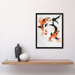 "Artery8 Two Japanese Koi Carp Fish Ink Splat Watercolour Framed Wall Art in Orange - Size: W12"" x H16""" - thumbnail 4