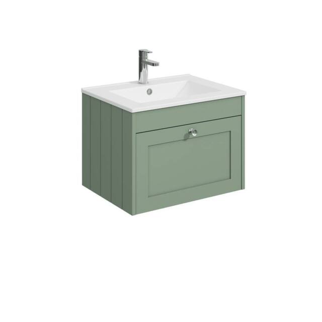 Balterley 600mm Wall Hung 1 Drawer Unit with Basin 1 Tap Hole - Satin Green