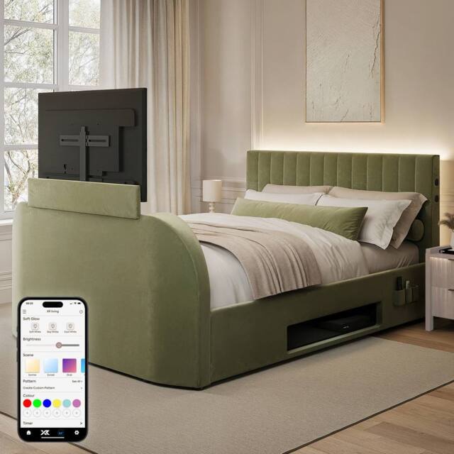 X Rocker Maisie 5.1 Ottoman TV Lift Bed, Surround Sound & App Controlled LED in Olive - Size: Double - image 1