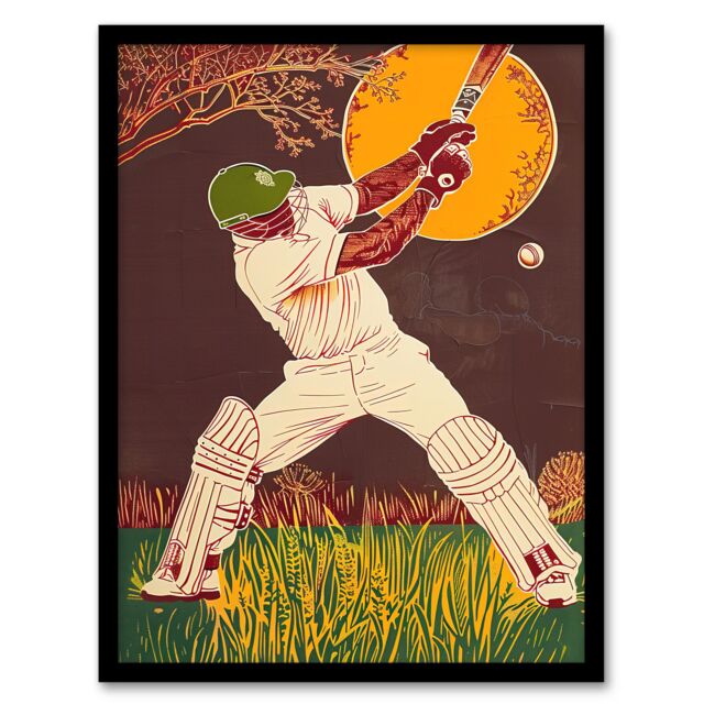 "Artery8 Cricket Player Batsman Portrait Painting Framed Art Print in Brown - Size: W12"" x H16""" - image 1