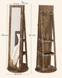 SONGMICS Freestanding Jewellery Cabinet with Mirror & Shelf in Brown - thumbnail 3