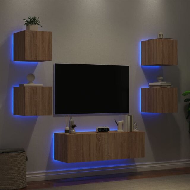 Berkfield Home 5 Piece TV Wall Cabinets with LED Lights Sonoma Oak in Brown - image 1