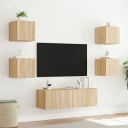 Berkfield Home 5 Piece TV Wall Cabinets with LED Lights Sonoma Oak in Brown - thumbnail 4