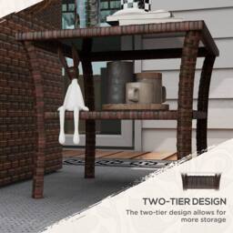 OUTSUNNY PE Rattan Coffee Table, Two-tier Side Table with Glass Top in Brown - thumbnail 5