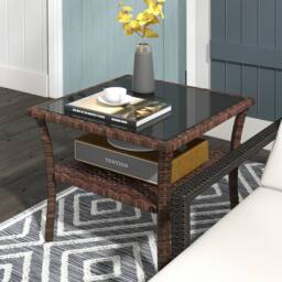 OUTSUNNY PE Rattan Coffee Table, Two-tier Side Table with Glass Top in Brown - thumbnail 1
