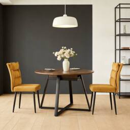 FURNITURE ONE 3-Piece Dining Set, Expandable Round Table with 2 Chairs-Brown in Mustard - Size: 2 Person - thumbnail 2