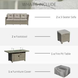 OUTSUNNY 5 PCs Outdoor Rattan Corner Dining Set Footstool Gas Fire Pit Table Furniture in Grey - thumbnail 4