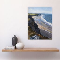 "Artery8 Rhossili Bay Coastal Cliff Landscape Oil Painting Wall Art Print in Blue - Size: W24"" x H32""" - thumbnail 4
