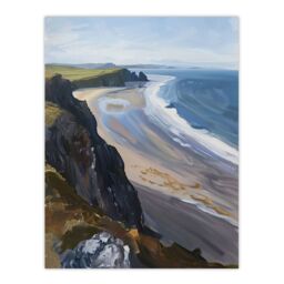 "Artery8 Rhossili Bay Coastal Cliff Landscape Oil Painting Wall Art Print in Blue - Size: W24"" x H32""" - thumbnail 1