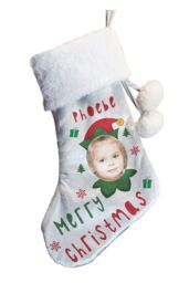 Personalised Memento Company Personalised Photo Upload Elf Christmas Stocking in Grey