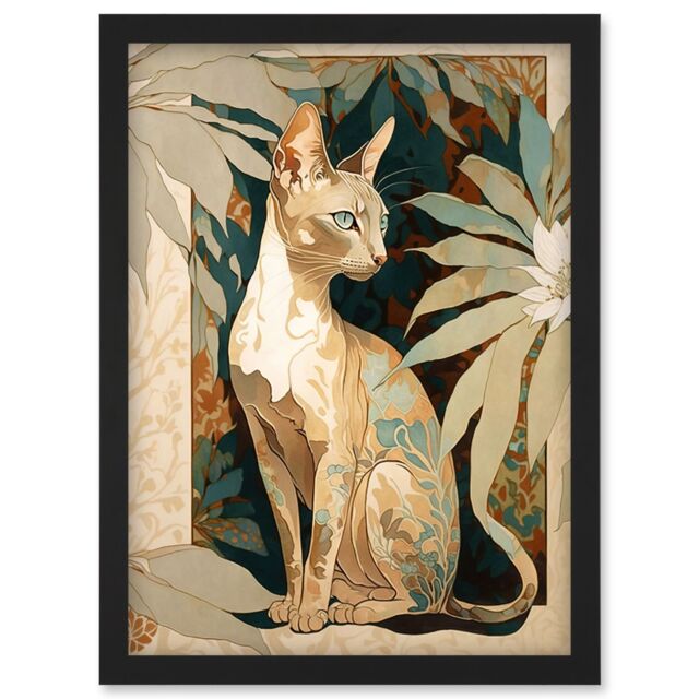 Artery8 Shorthair Cat Botanical Pattern Fur & Plants Modern Art Nouveau Watercolour Illustration Artwork Framed Wall Art Print A4 in Black - image 1