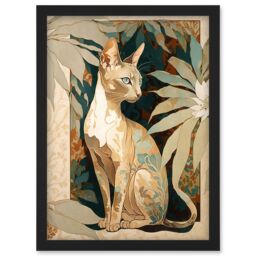 Artery8 Shorthair Cat Botanical Pattern Fur & Plants Modern Art Nouveau Watercolour Illustration Artwork Framed Wall Art Print A4 in Black - thumbnail 1