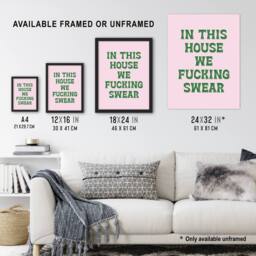 "Artery8 In This House We Swear Pink Green Funny Cheeky Wall Art Print - Size: W12"" x H16""" - thumbnail 3