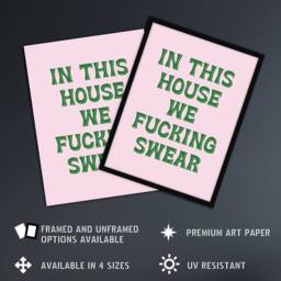 "Artery8 In This House We Swear Pink Green Funny Cheeky Wall Art Print - Size: W12"" x H16""" - thumbnail 2
