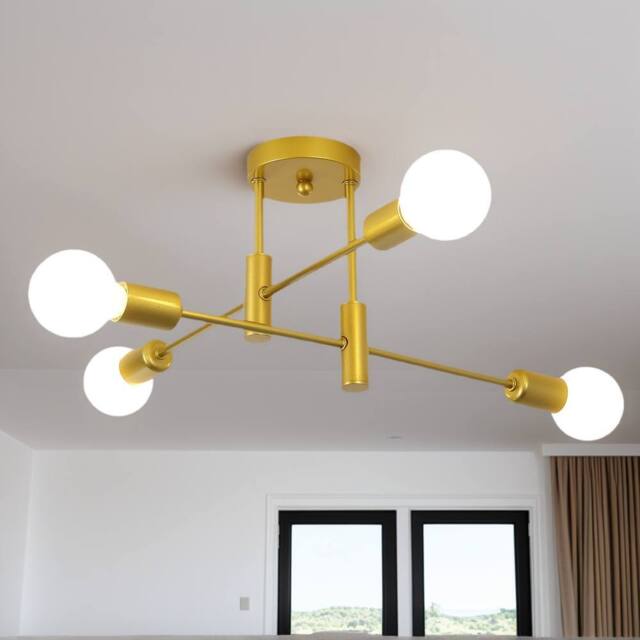 NIVOR 4 light Industrial Chandelier Mid Century Flush Mount Ceiling E27 in Metallic Gold - image 1