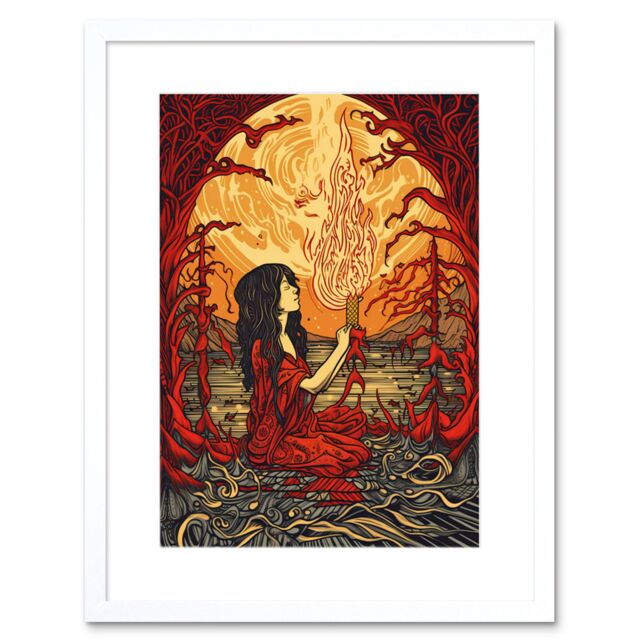 "Artery8 Wall Art Print Red Witch Concept Art Fire Priestess Art Nouveau Artwork Framed 9X7 Inch in White - Size: W7"" x H9""" - image 1