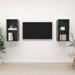 Berkfield Home Wall-mounted TV Cabinets 2 pcs High Gloss Grey Engineered Wood - thumbnail 2