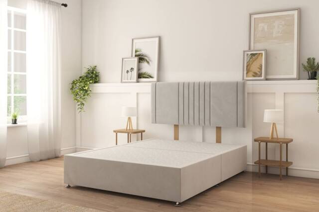 "Sloomy Langston Plush Divan Bed Base No Drawers With 26"" Strutted Headboard in Silver - Size: Super King" - image 1