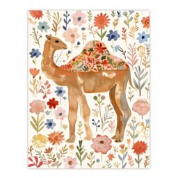 "Artery8 Happy Camel With Floral Pattern Watercolour Wall Art Print - Size: W12"" x H16""" - thumbnail 1