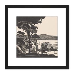 Artery8 Bernard Essers Breton Bay Trees Rocks Bw Landscape 8X8 Inch Square Wooden Framed Wall Art Print Picture with Mount in Black - thumbnail 1