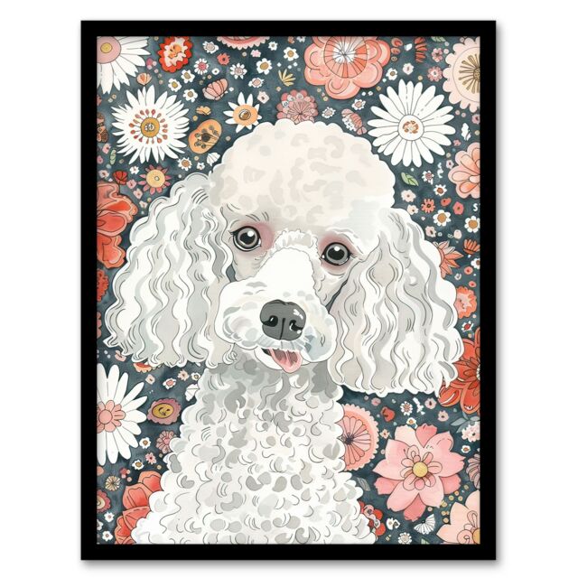 "Artery8 Quirky Poodle Dog Lover Floral Pet Portrait Framed Wall Art - Size: W12"" x H16""" - image 1