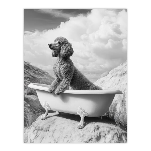 "Artery8 Surreal Dog Lover Black White Poodle in Bathtub Wall Art Print in Grey - Size: W24"" x H32""" - image 1