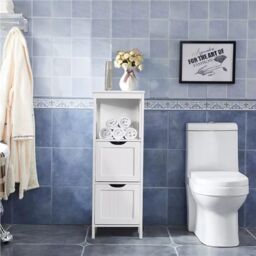 EONLION Slim Bathroom Floor Cabinet, 2-Drawer 1-Shelf Storage Organizer in White - thumbnail 2