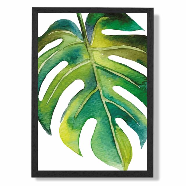 ARTZE Tropical Leaf Abstract Watercolour Botanical Framed Print SIZE: A3 with Black Frame in Green - Size: A4 - image 1