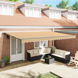 Berkfield Home Retractable Awning Manual Yellow & grey 500x300 cm - thumbnail 1