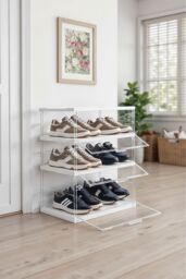 Living and Home 3-Tier Foldable Storage Box Shoe Rack with Magnetic Doors in White - thumbnail 2