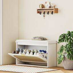 KORVIXA White Boho Shoe Bench with Seat Cushion, Flip-Drawer & Rattan Door - Size: 100 cm x 100 cm - thumbnail 3