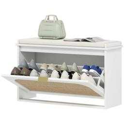 KORVIXA White Boho Shoe Bench with Seat Cushion, Flip-Drawer & Rattan Door - Size: 100 cm x 100 cm
