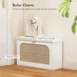 KORVIXA White Boho Shoe Bench with Seat Cushion, Flip-Drawer & Rattan Door - Size: 100 cm x 100 cm - thumbnail 4