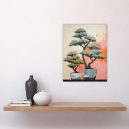 "Artery8 Wall Art Print Two Japanese Bonsai Tree Plant Pots Thick Palette Knife Oil Painting Poster in Pink - Size: W18"" x H24""" - thumbnail 4