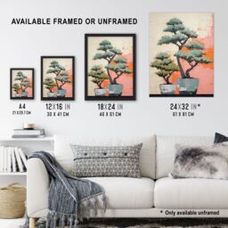 "Artery8 Wall Art Print Two Japanese Bonsai Tree Plant Pots Thick Palette Knife Oil Painting Poster in Pink - Size: W18"" x H24""" - thumbnail 3
