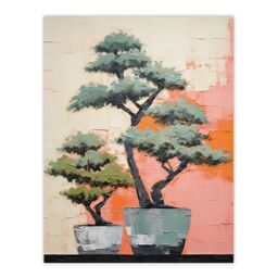"Artery8 Wall Art Print Two Japanese Bonsai Tree Plant Pots Thick Palette Knife Oil Painting Poster in Pink - Size: W18"" x H24""" - thumbnail 1