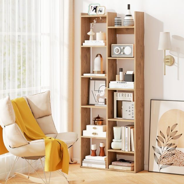 Costway Home Bookshelf 11-Tier Bookcase with Anti-Tipping Kits in Natural - image 1