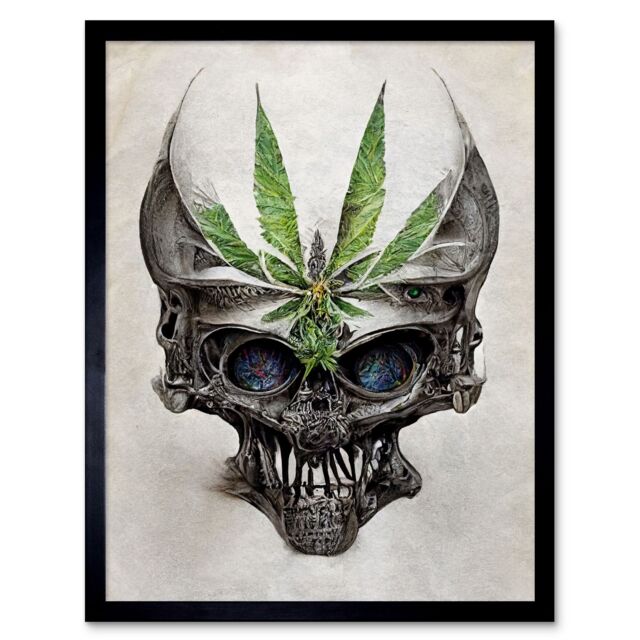 "Artery8 Wall Art Print Alien Skull With Marijuana Leaf Colour Pencil Art Framed in Black - Size: W12"" x H16""" - image 1
