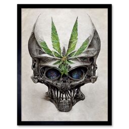 "Artery8 Wall Art Print Alien Skull With Marijuana Leaf Colour Pencil Art Framed in Black - Size: W12"" x H16""" - thumbnail 1
