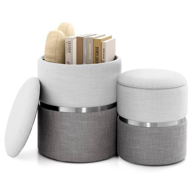 Gymax 2 Pack Linen Fabric Ottoman Round Ottoman Vanity Stool Chair Footstool in Beige - image 1