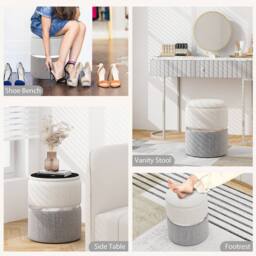 Gymax 2 Pack Linen Fabric Ottoman Round Ottoman Vanity Stool Chair Footstool in Beige - thumbnail 3