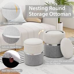 Gymax 2 Pack Linen Fabric Ottoman Round Ottoman Vanity Stool Chair Footstool in Beige - thumbnail 5