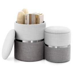 Gymax 2 Pack Linen Fabric Ottoman Round Ottoman Vanity Stool Chair Footstool in Beige