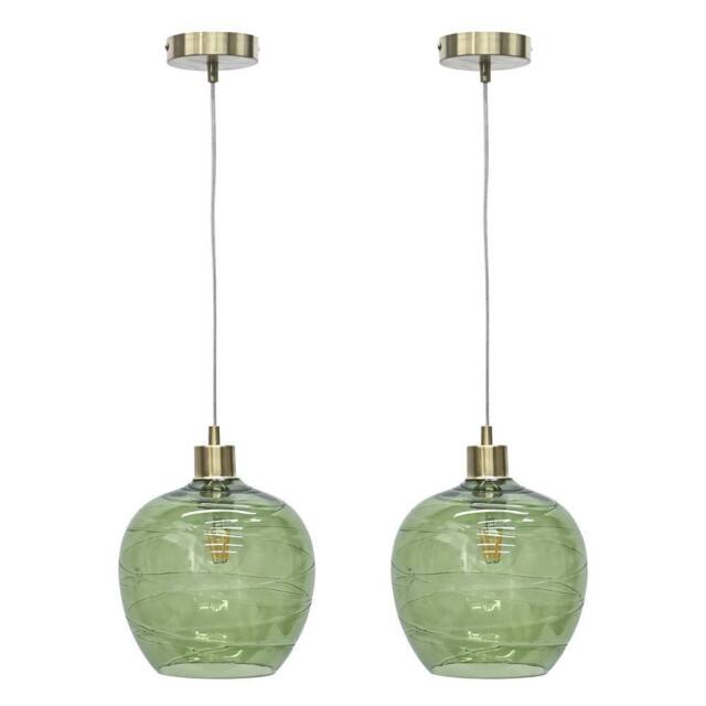 First Choice Lighting Set of 2 Leah - Green Ripple Glass Globe Satin Brass Pendant Fittings - image 1