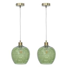 First Choice Lighting Set of 2 Leah - Green Ripple Glass Globe Satin Brass Pendant Fittings